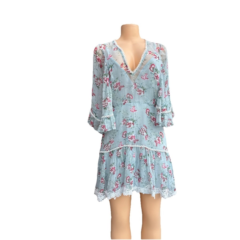 TALULAH‎ Womens Light-Blue Floral White-Lace KNOWING V-Neck Mini Dress S